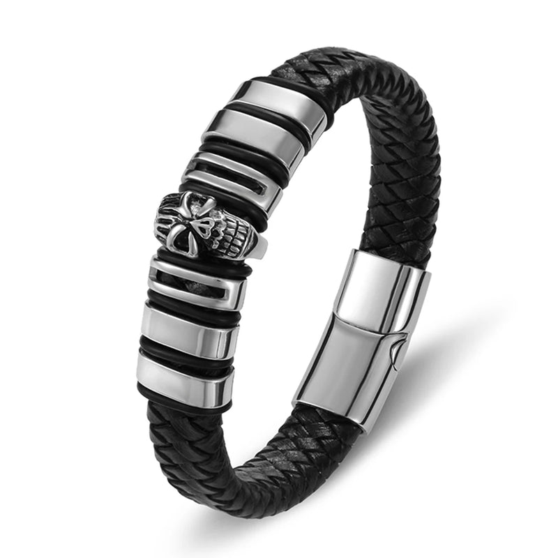 Braided Leather Mens Bracelet Stainless Steel Skull Magnet Buckle