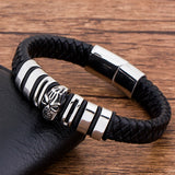 Braided Leather Mens Bracelet Stainless Steel Skull Magnet Buckle