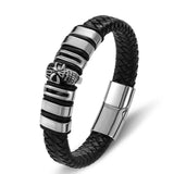 Braided Leather Mens Bracelet Stainless Steel Skull Magnet Buckle