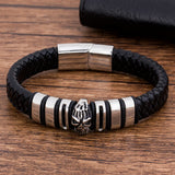 Braided Leather Mens Bracelet Stainless Steel Skull Magnet Buckle