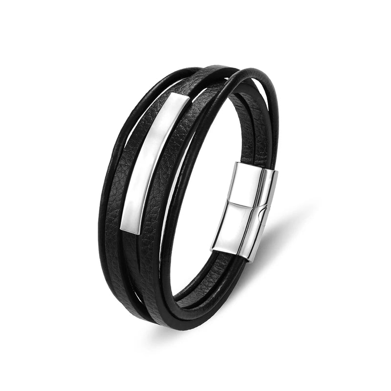 Braided Punk Multilayer Stainless Steel Leather Charm Bracelets For Men