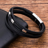 Braided Rope Leather Mens Bracelet Stainless Steel Charm Gift