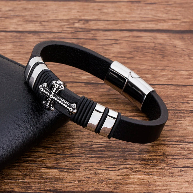Gothic Braided Leather Bracelet Punk Cross Accessories Men's Bangles