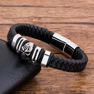 Stainless Steel Magnet Charm Leather Bracelet Men Skull Jewelry Punk Rock