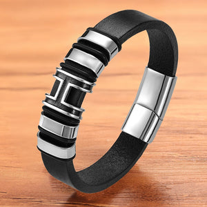Men Leather Bracelet Stainless Steel Charm Magnet Clasp