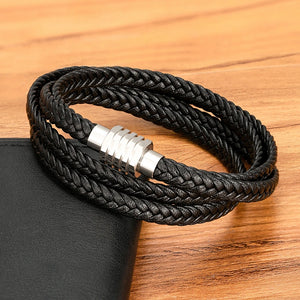 Braided Brown Leather Bracelets for Men with Magnetic Clasp
