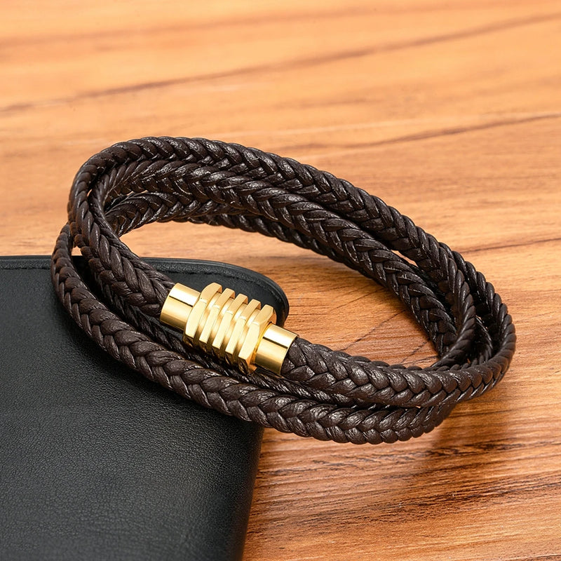 Braided Brown Leather Bracelets for Men with Magnetic Clasp