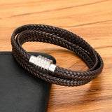 Braided Brown Leather Bracelets for Men with Magnetic Clasp