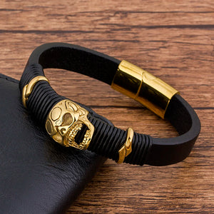 Punk Rock Stainless Steel Rope Skull Men's Bracelet Leather Braided