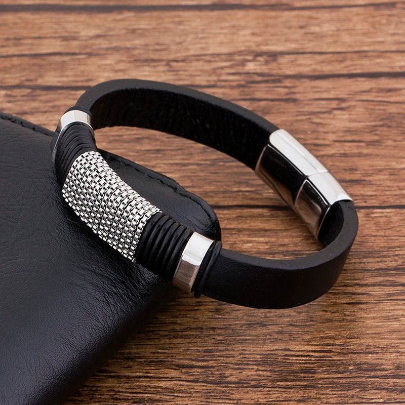 Men's Punk Leather Bracelet with Stainless Steel Magnetic Clasp