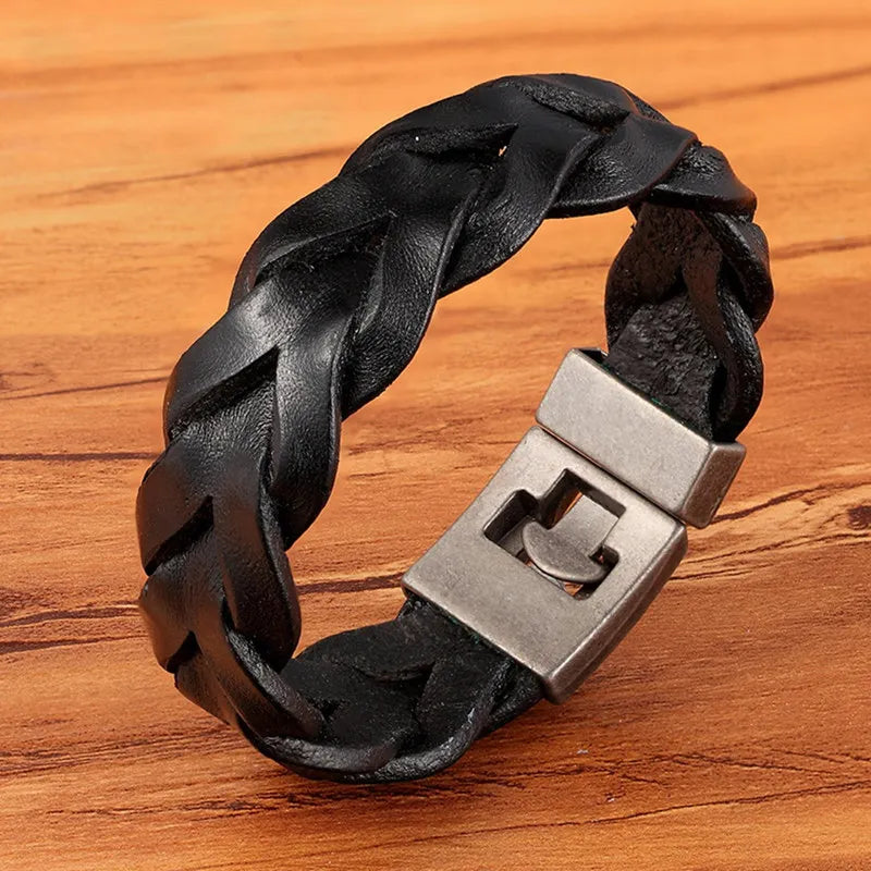 Mens Leather Bracelets Braided Bangle Bronze Clasp