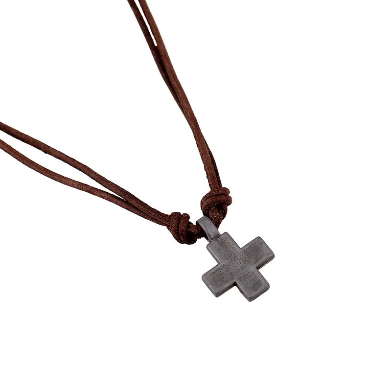 Vintage Cross Pendant Leather Choker Necklace for Men and Women