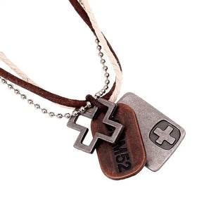 Vintage Cross Pendant Leather Choker Necklace for Men and Women
