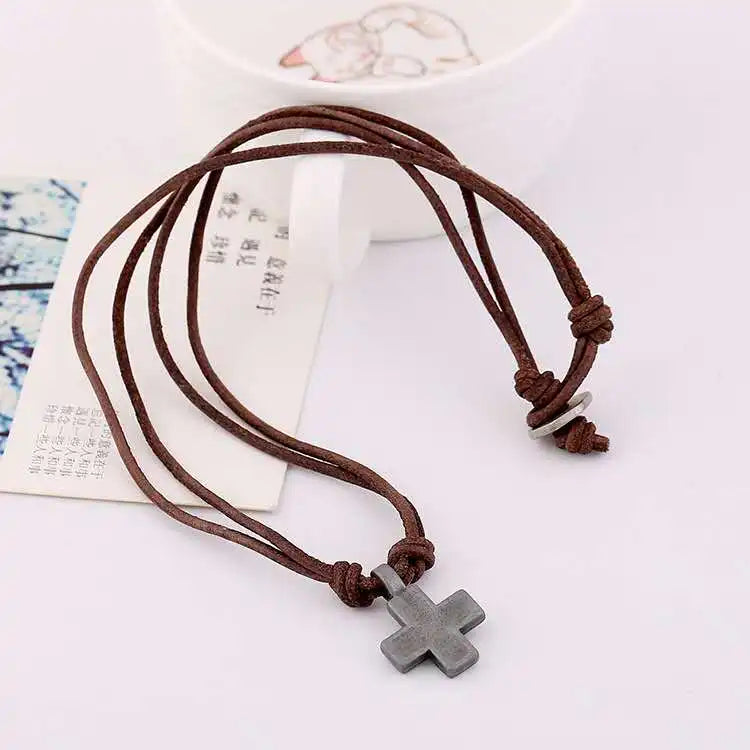 Vintage Cross Pendant Leather Choker Necklace for Men and Women