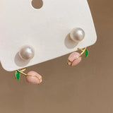 French Light Pink Tulip Flower Pearl Stud Earrings For Women