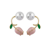 French Light Pink Tulip Flower Pearl Stud Earrings For Women