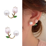 French Light Pink Tulip Flower Pearl Stud Earrings For Women