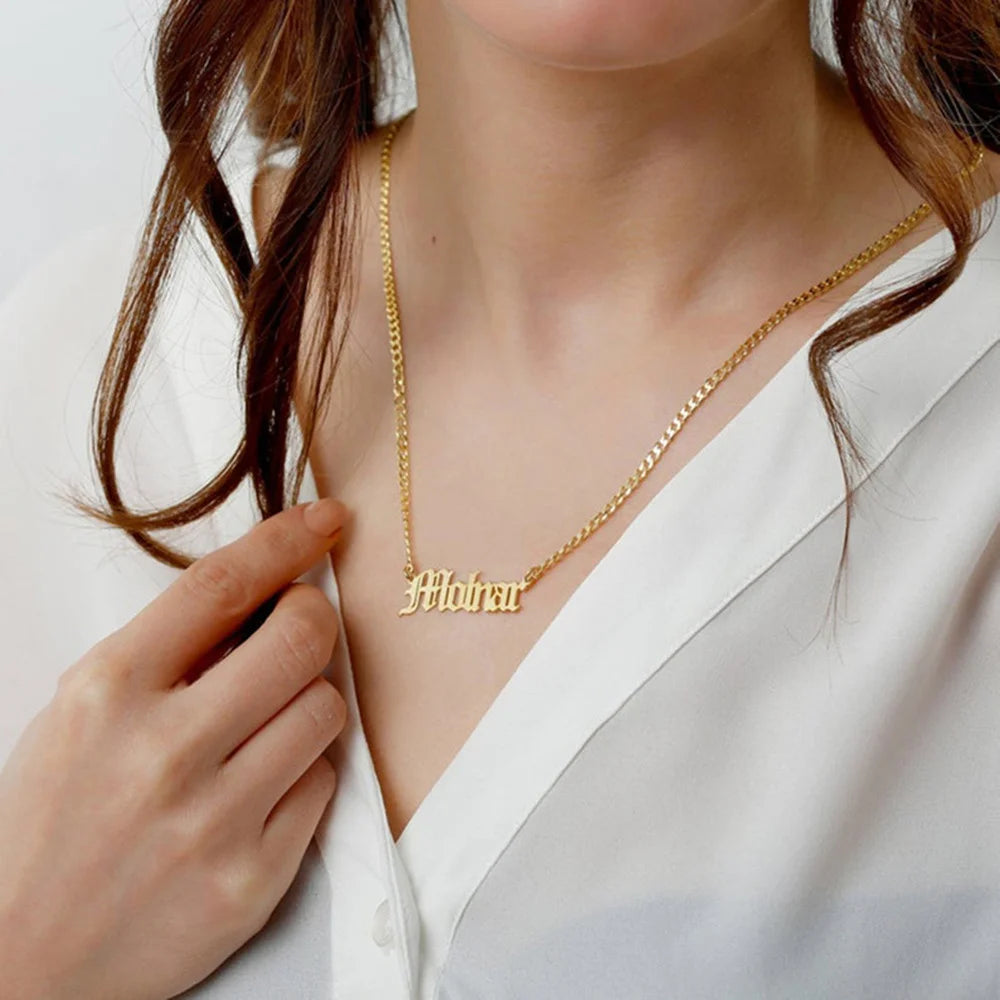 Tangula Name Necklace Old English Font Stainless Steel Cuban Chain