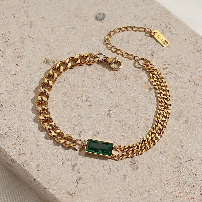 Assymetric Cuban Chain Green Zircon Jewelry Set Choker Necklace Bracelet CZ Ring