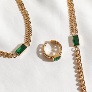Assymetric Cuban Chain Green Zircon Jewelry Set Choker Necklace Bracelet CZ Ring