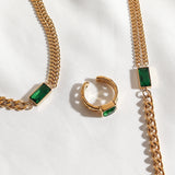 Assymetric Cuban Chain Green Zircon Jewelry Set Choker Necklace Bracelet CZ Ring