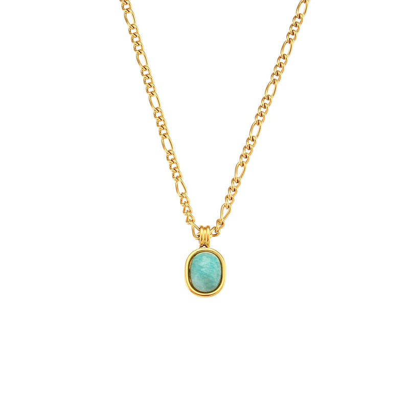Stainless Steel Plated Chain Amazonite Stone Pendant Necklace