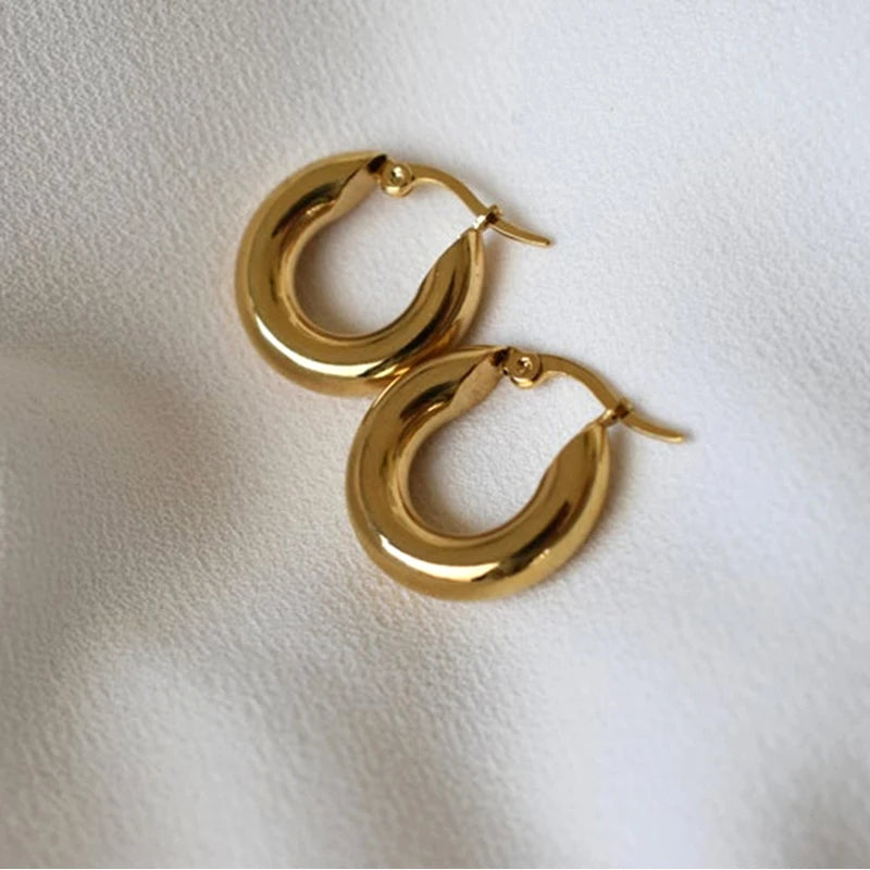 Vintage Stainless Steel Hoop Earrings 18k Plated Women's Jewelry