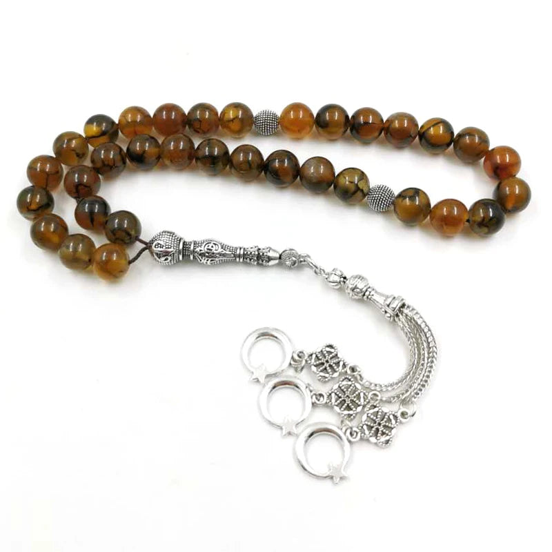 Brown Agates Stone Islamic Rosary Misbaha 33 Beads Metal Tassels Bracelet
