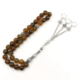 Brown Agates Stone Islamic Rosary Misbaha 33 Beads Metal Tassels Bracelet