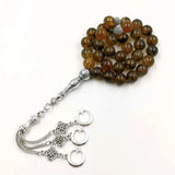 Brown Agates Stone Islamic Rosary Misbaha 33 Beads Metal Tassels Bracelet