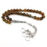 Brown Agates Stone Islamic Rosary Misbaha 33 Beads Metal Tassels Bracelet