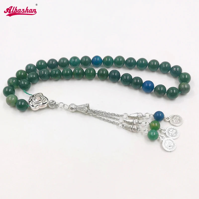 Natural Green Aquatic Agates & Lapis Lazuli Muslim Prayer Beads