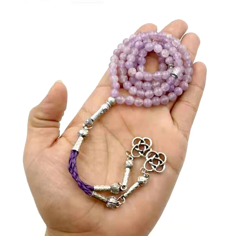 Natural Light Amethyst Muslim Tasbih Bracelet 99 Bead Rosary Islamic Jewelry