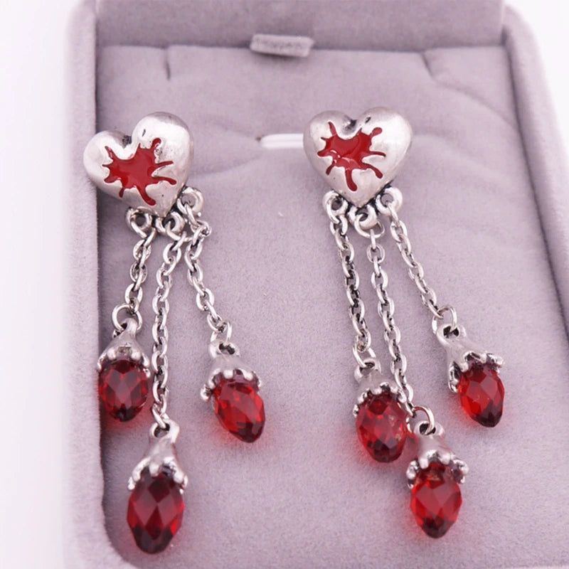 Heart Crystal Ear Studs Tassel Dangle Earrings Women Halloween Accessories