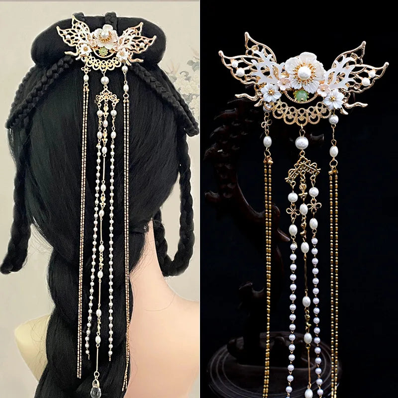 Chinese Tassel Hairpin Tiara Hair Clip Pearl Hair Jewelry Retro Tiaras