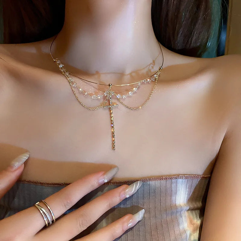 Rhinestone Cross Pendant Necklace Women Choker Torques Necklaces