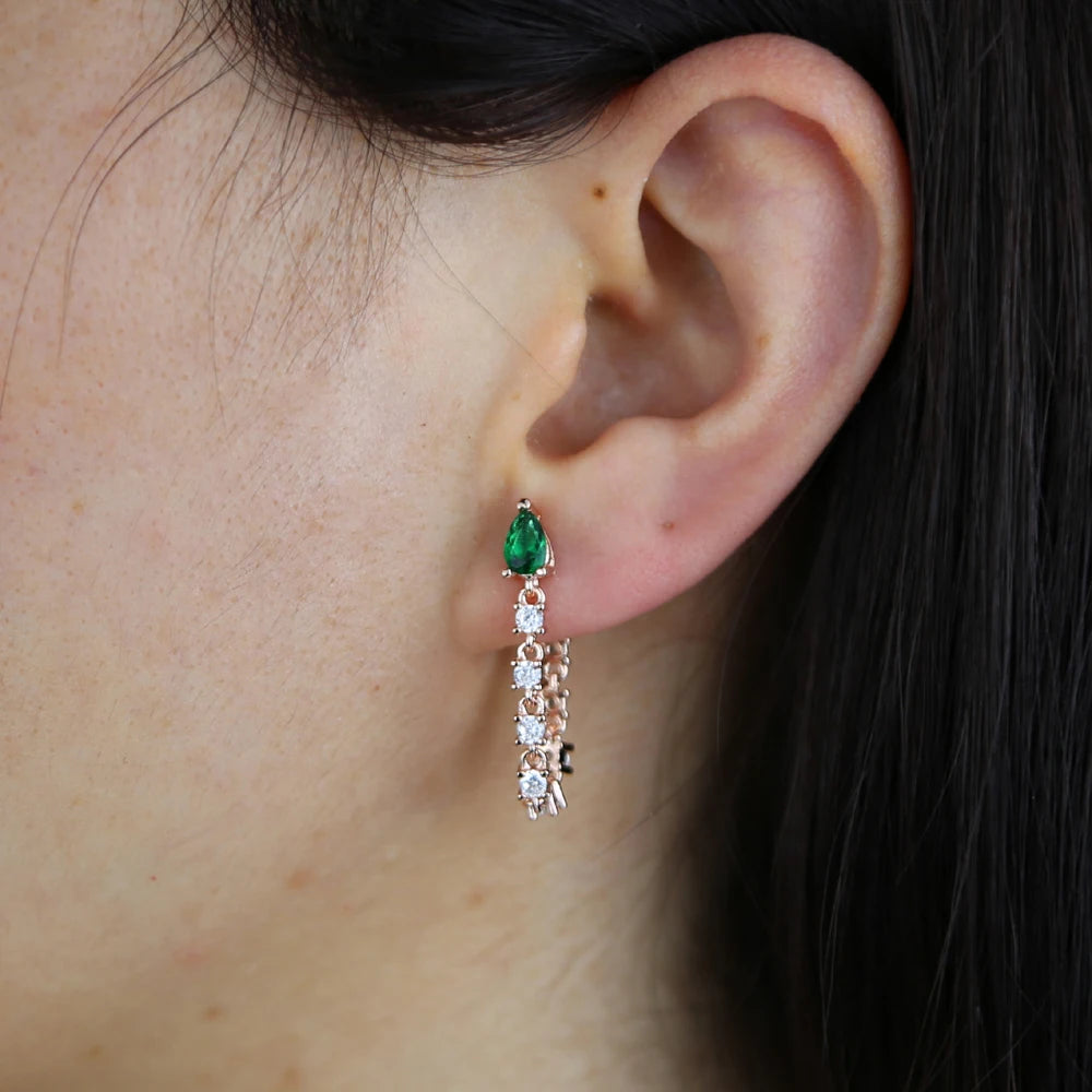 Green CZ Tassel Chain Earring Birthstone Cubic Zirconia