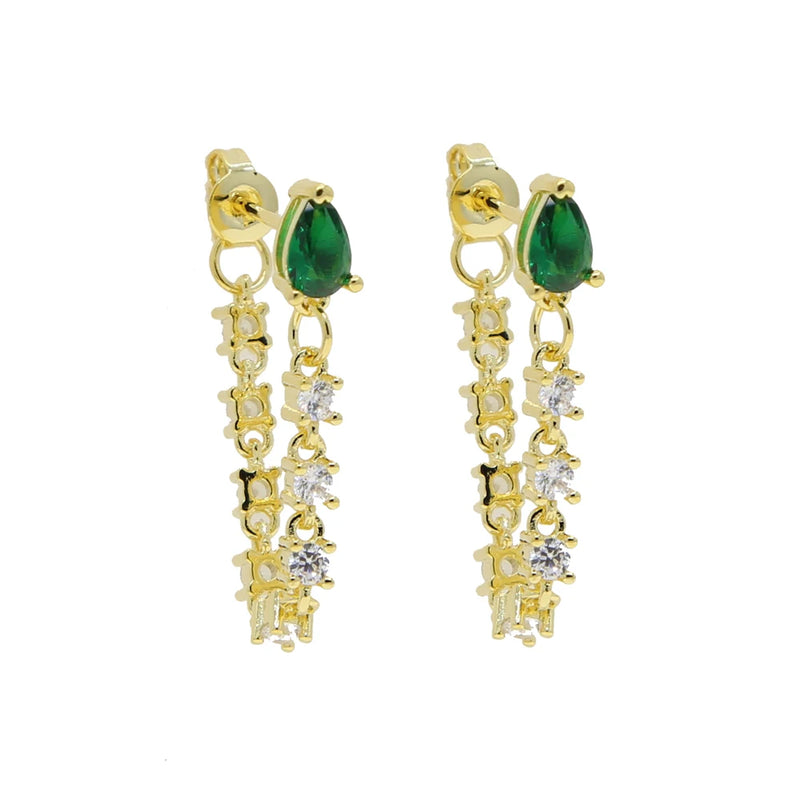 Green CZ Tassel Chain Earring Birthstone Cubic Zirconia