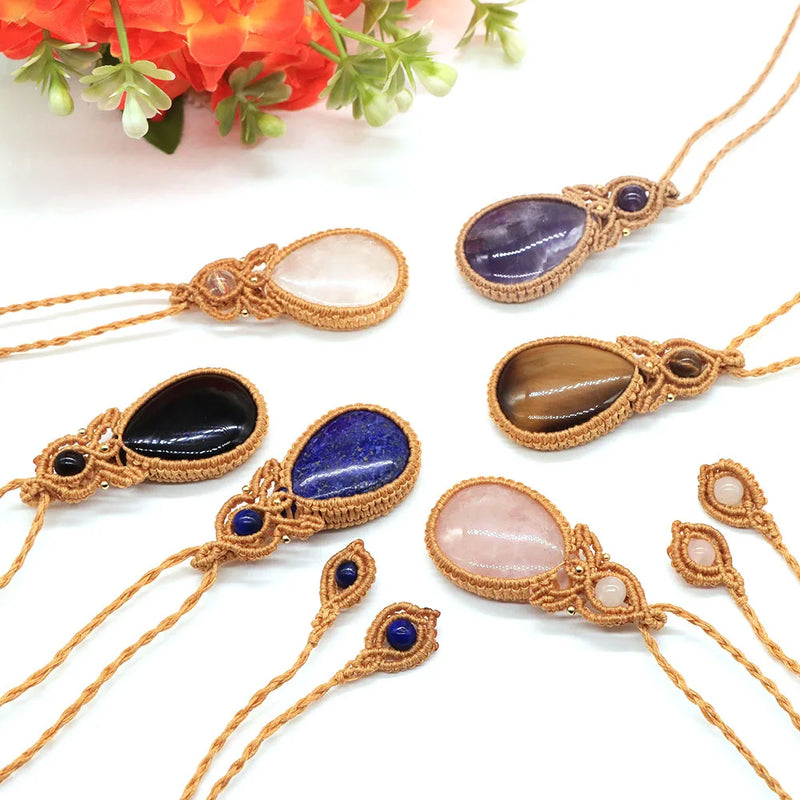 Tear Water Drop Pendant Thread Rope Wrap Natural Healing Crystal Stones Necklace