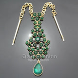 Emerald Crystal Bindi Hair Pin Chain Tikka Tiara