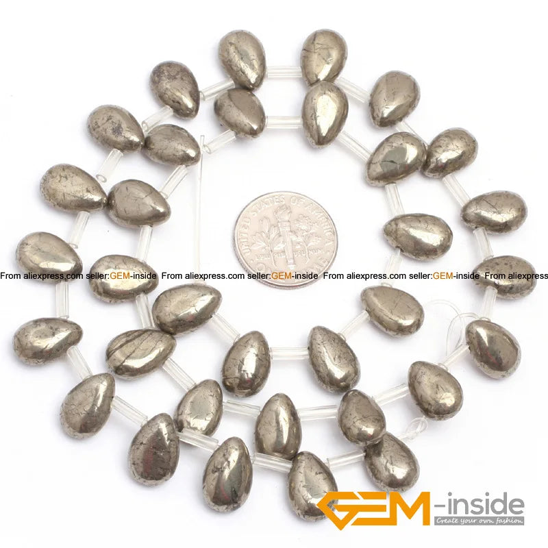Teardrop Gray Pyrite Beads Natural Stone DIY Bead 15 Inches