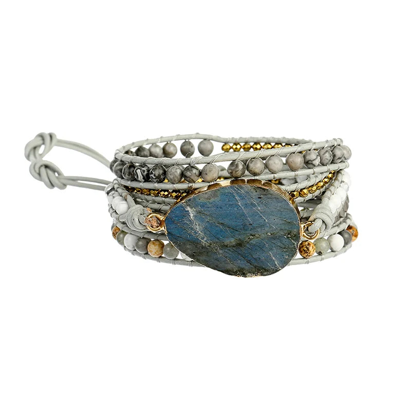 Labradorite Leather Wrap Bracelet Map Jaspers Stone Beaded Jewelry