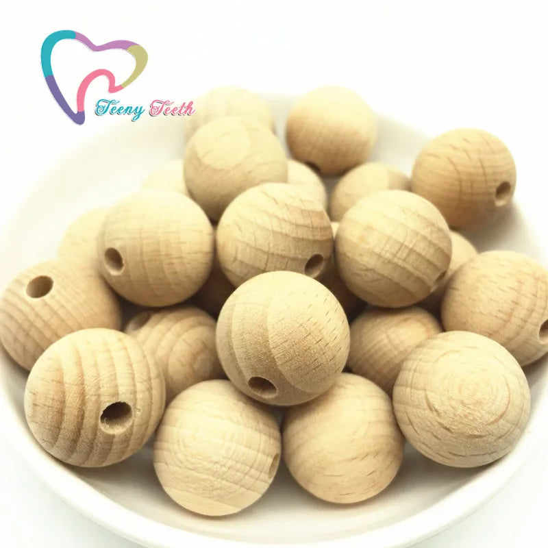 100PC Wooden Teether Chewable 12-20 MM Round Beads Ecofriendly Unfinished