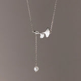 925 Silver Ginkgo Leaf Pendant Necklace Tassel Pearl Necklace
