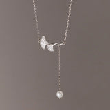 925 Silver Ginkgo Leaf Pendant Necklace Tassel Pearl Necklace