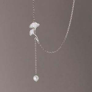 925 Silver Ginkgo Leaf Pendant Necklace Tassel Pearl Necklace