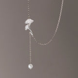 925 Silver Ginkgo Leaf Pendant Necklace Tassel Pearl Necklace