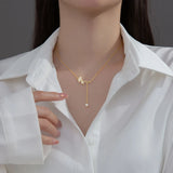 925 Silver Ginkgo Leaf Pendant Necklace Tassel Pearl Necklace
