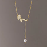 925 Silver Ginkgo Leaf Pendant Necklace Tassel Pearl Necklace