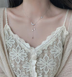 925 Silver Star Moon Tassel Necklace Zircon Choker Collar